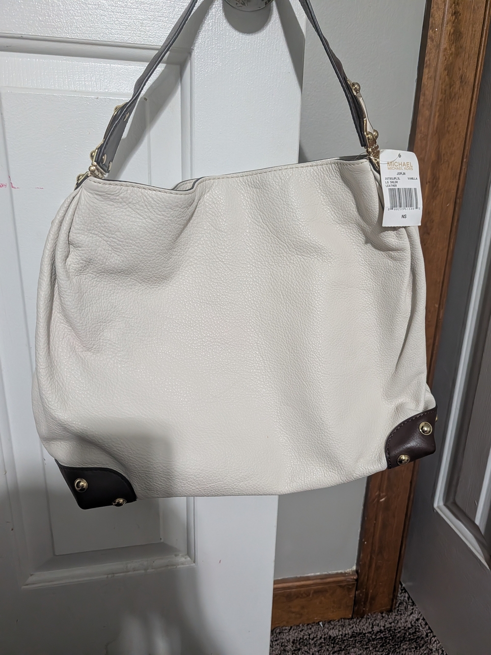 NWT Michael Kors Joplin Large Leather Shoulder Bag – Vanilla Cream & Brow